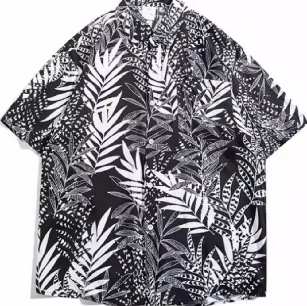 Black White Tropical Leaf Print Shirt